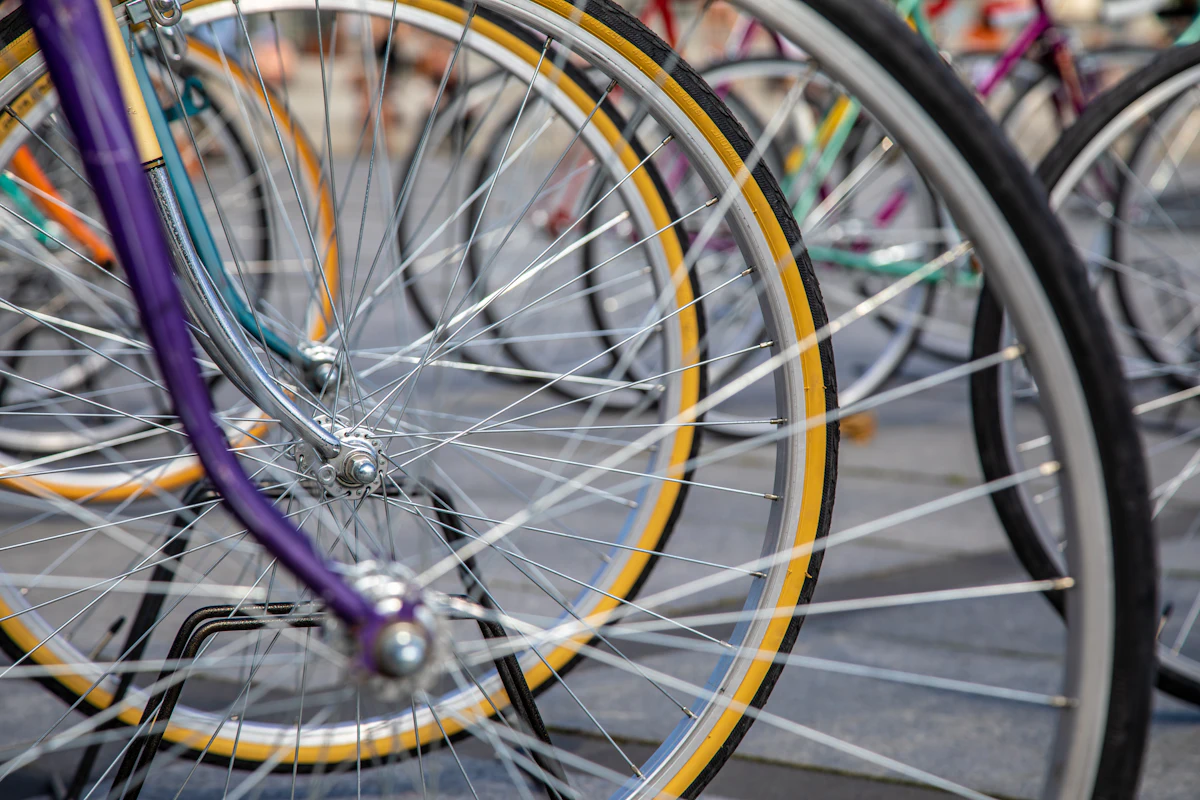 Brightly painted bike frames and wheels