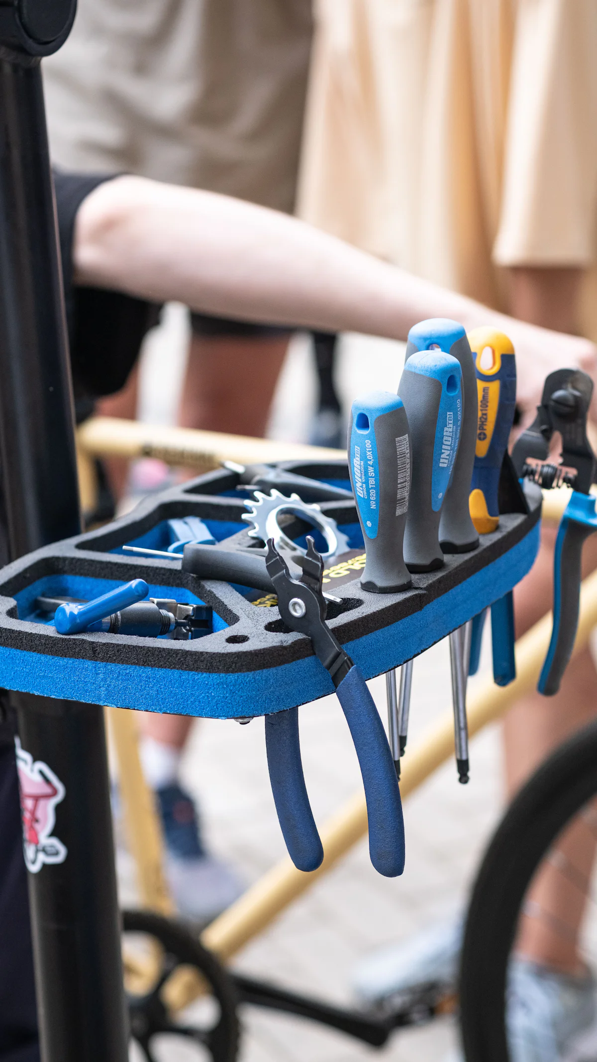 A tray of bike tools clipped to a workstand